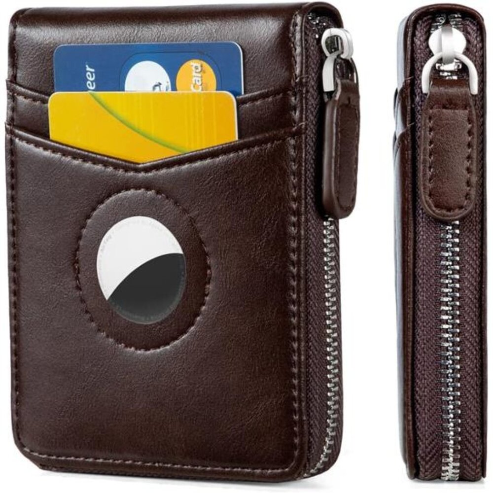 AirTag Wallet, Mens Zipper RFID Slim Leather Credit Card Wallet